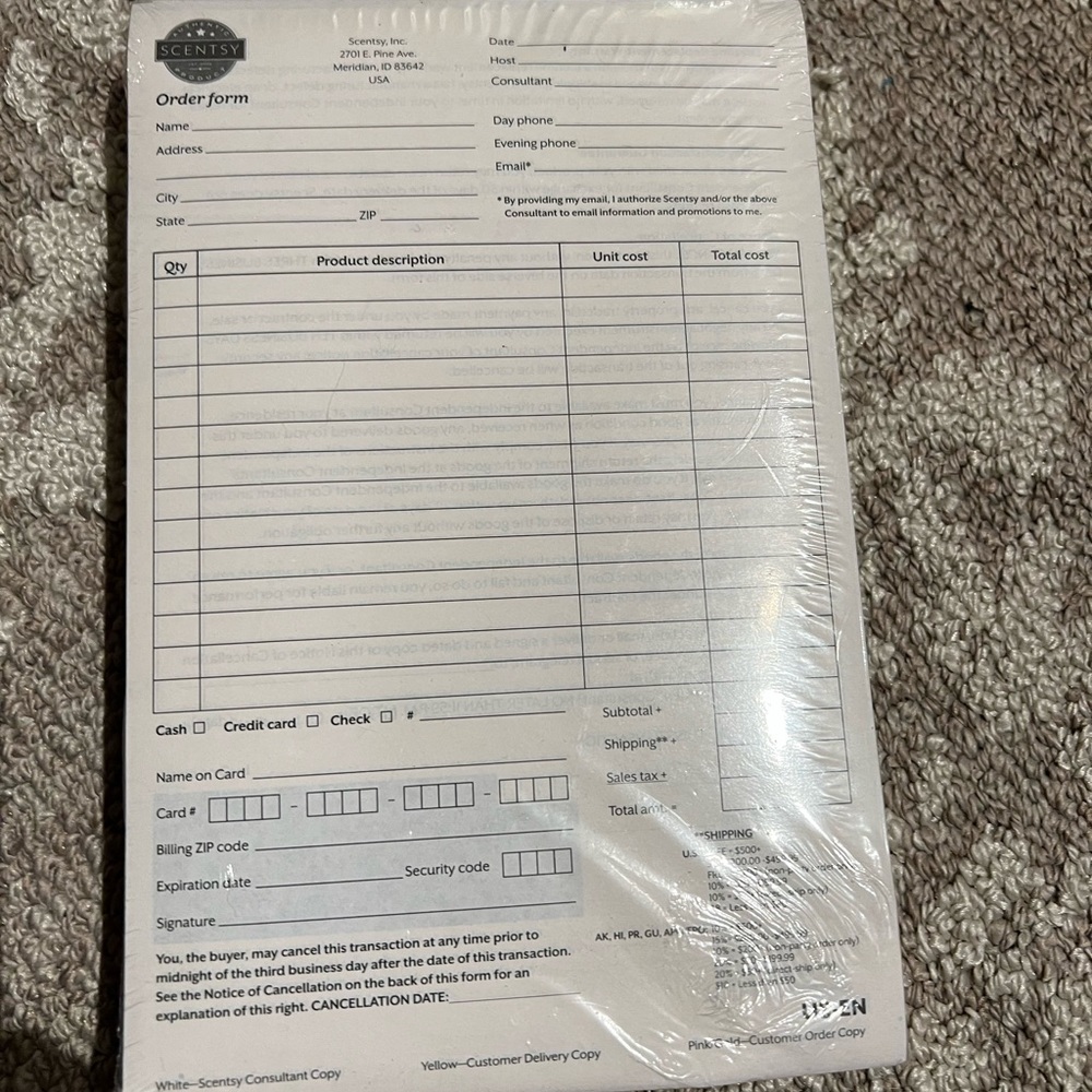 Scentsy order forms and brand new in sealed packaging.